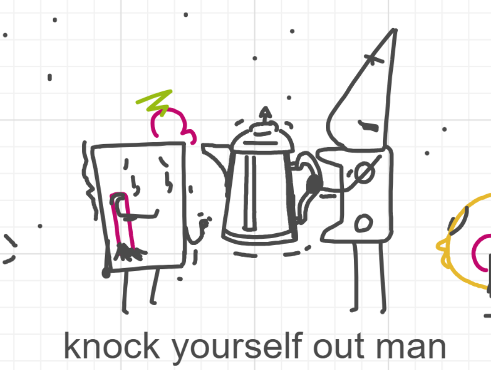 A panel from I've Been Everywhere, Man, episode nine of the Board Boards object show by Furretwalk/WalkingFurret.